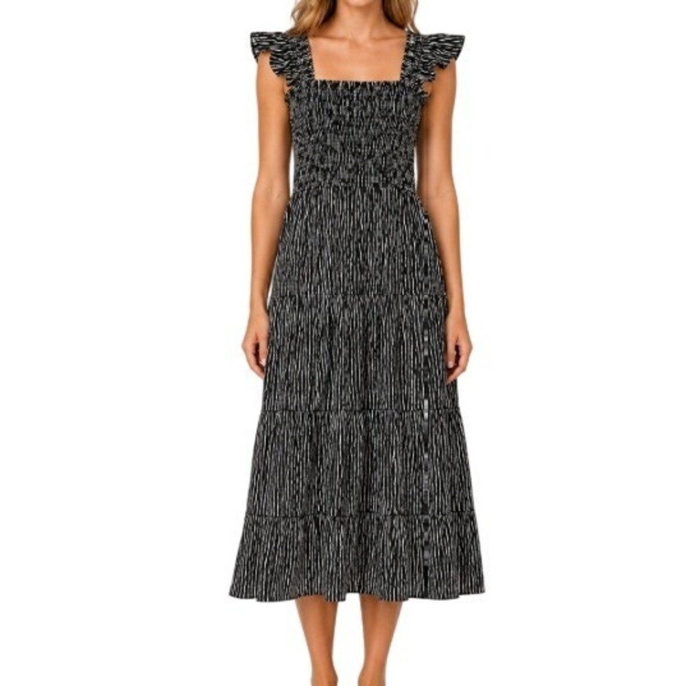 Lands' End Womens M (10-12) Cotton Black and White Striped Smocked Midi Dress